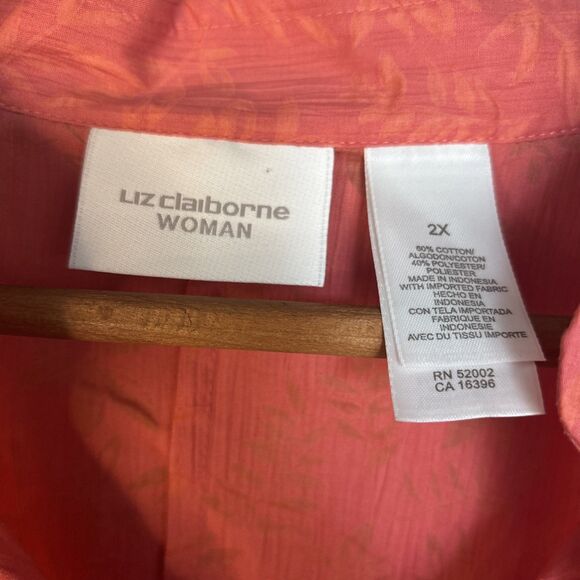 Liz Claiborne Coral And Gold Floral Button Down Blouse With 3/4 Sleeves Size 2X - Picture 4 of 12